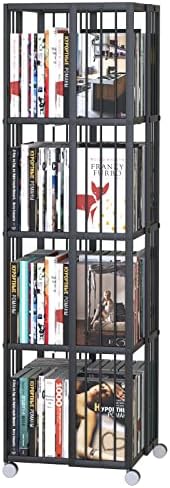 Huhote Rotating Bookcase Black 4 Tiers Metal Bookshelf, 360°Cubic Bookshelf for Small Space with Storage and Creative Multi-Layer Shelves,Magazine&Books for Bedroom Living Room Study and Office