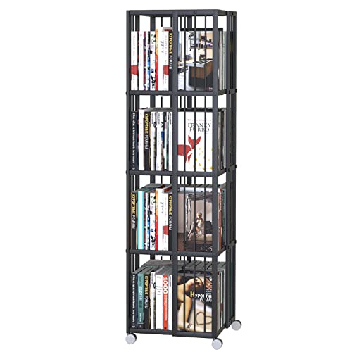 Huhote Rotating Bookcase Black 4 Tiers Metal Bookshelf, 360°Cubic Bookshelf For Small Space With Storage And Creative Multi-Layer Shelves,Magazine&Books For Bedroom Living Room Study And Office #TOP29