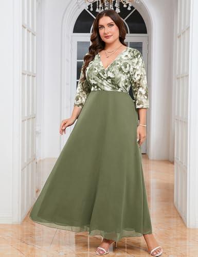 Image of ZOMVA Plus Size Maxi Formal Dress Lace Chiffon Floral V-Neck Wrap Wedding Guest Evening Gown Cocktail Prom 3 /4 Sleeves