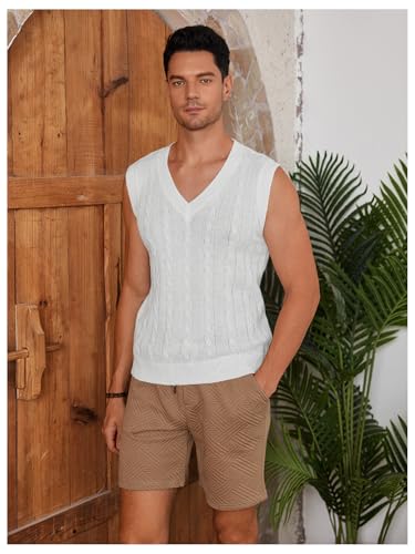 OYOANGLE Men's Cable Knit V Neck Sleeveless Sweater Vests Solid Casual Tank Tops Knitwear3