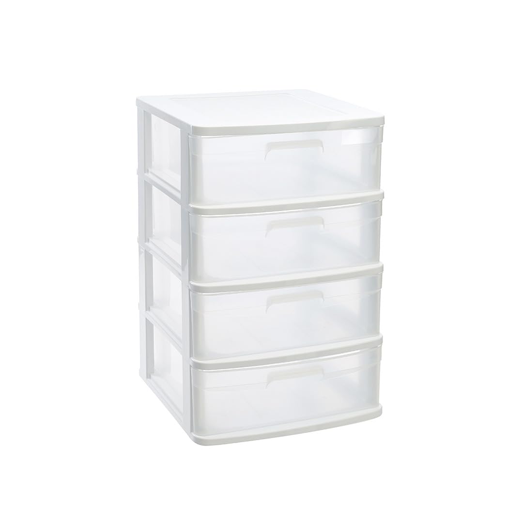 Large Plastic 4 Drawer Storage Tower Unit Chest Home Office School (White)