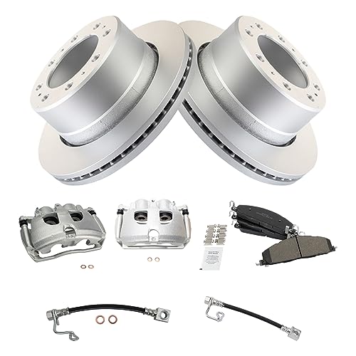 Image of TRQ Rear Brake Pad, Caliper, Hose, & Rotor Kit Semi-Metallic Premium G-Coated Compatible with 2009-2010 Dodge Ram 2500, 3500 2011-2013 Ram 2500 2011-2012 3500