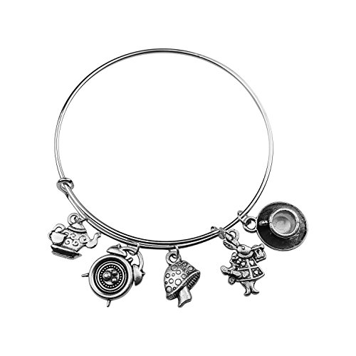 Art Attack Wonderland Magic Mushroom Expandable Charm Bracelet, Alarm Clock Wormhole Tea Time Bunny Rabbit Charm Pendant (Silver)