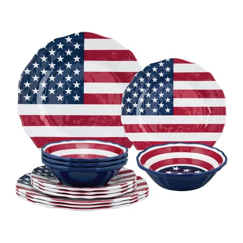 UPware 12 Piece American Flag Melamine Dinnerware Sets, Outdoor Dishes