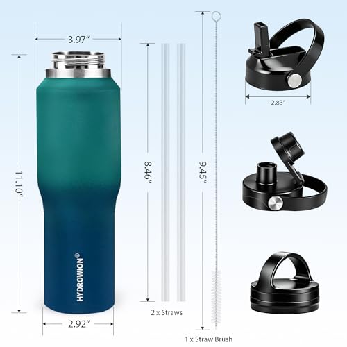 Image of HYDROWION 40 oz Insulated Water Bottle with Straw fit in Car Cup Holder(Cold 48 hrs, Hot 24 hrs) Drinking Bottle with Straw Lid, Spout Lid and Flex Cap Leakproof Travel Thermo Mug,Green - Blue