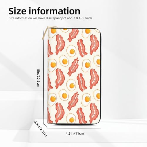 Leather Thin Slim Wallets for Women & Men - Cartoon Bacon Egg Print Card Wallet Holder with Zipper2
