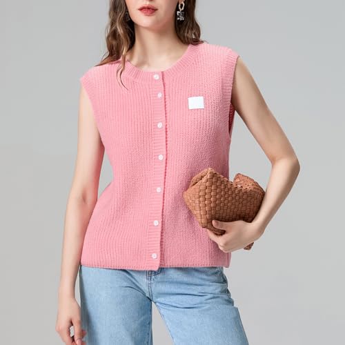Image of Women Knitted Tank Tops Vintage Sleeveless Button Down Solid Color Button Front Basic Vest Summer Sweater Shirt (Pink, XL), X-Large