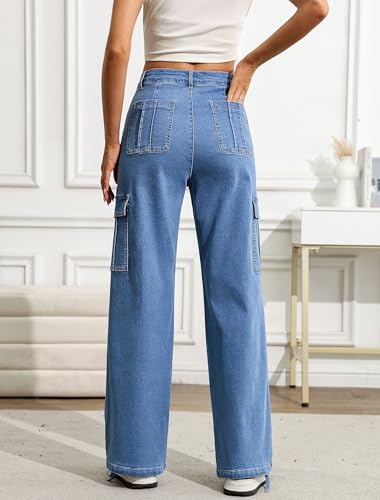 Eddoyee Cargo Pants for Women Drawstring Ankle Cuffs Stretch High Waisted 6 Pockets Straight Wide Leg Jean Casual Baggy Pants3