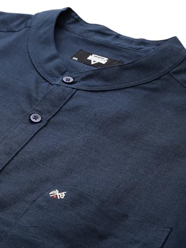 Image of Thomas Scott Men's Solid Cotton Linen Casual Shirt | Full Sleeve | Regular Fit | Mandarin Collar