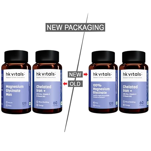 Image of hk vitals 100% Magnesium Glycinate (1880mg) 120 Tablets | For Better Sleep Quality & Muscle Recovery with Chelated Iron + Supplement (60 Capsules)