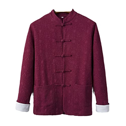 Chinese Traditional Tang Suit Top Men's Long Sleeve Kung Fu Tai Chi Uniform Spring Autumn Shirt Top Jacket Jacket Claret M #TOP1