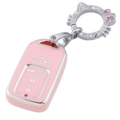 Image of Pangpai Pink Key Fob Cover for Honda, Soft TPU Key Case Protection with Bling Keychain Fit for Honda Accord Civic CRV Pilot Odyssey Smart Key Holder