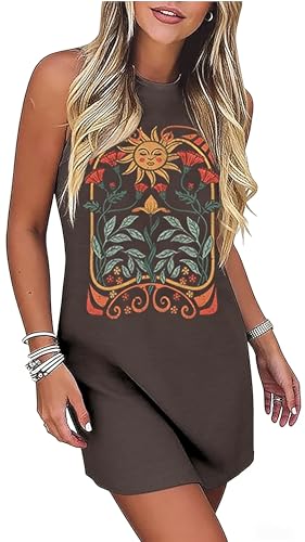Image of Sun Salt Sand Coconut Tree Tank Mini Dress for Women Sleeveless Beach Praty Shirts Summer Vacation Short Mini Dresses