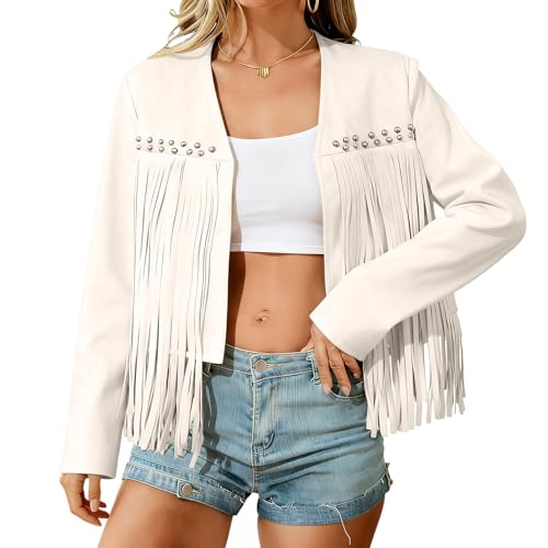 ZWRXW Fringe Jacket Women Faux Suede Vintage Cowgirl Western Jacket Fashion Cropped Fringe Coats Country Concert Outfits