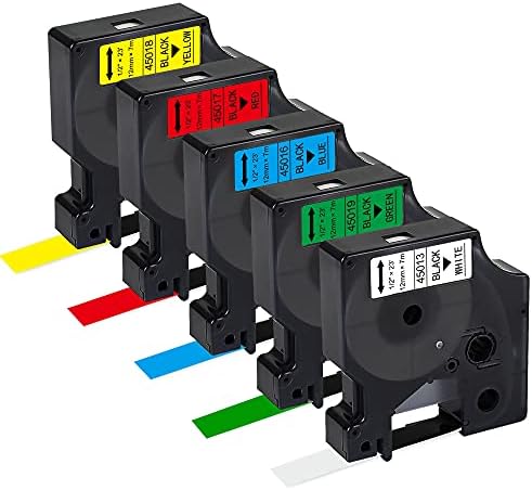 5 Pack Replacement for Dymo Label Maker Refills D1 45013 45016 45017 45018 45019 Labels,1/2 Inch Black on White/Red/Yellow/Green/Blue Refills for DYMO ...