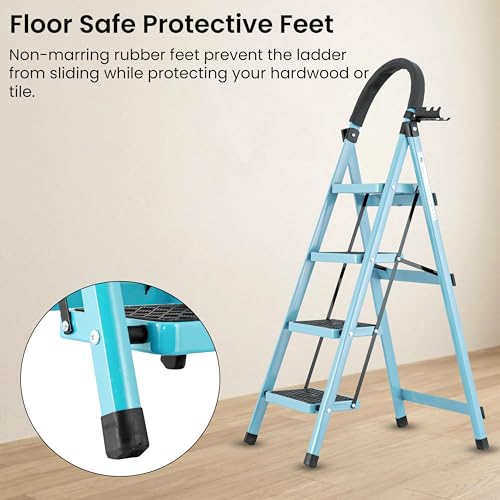 Image of Norman Jr Teal Blue 4 Step Ladder for Home Use with Built-in Tool Tray | Heavy Duty D Shape Rods | Ultra Large Platform | Wide Rubber Feet | 150Kg Capacity Foldable Ladder - 7 Years Warranty