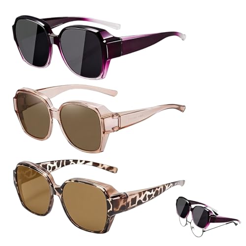 Yuwnd 3 Stück Sonnenbrille Über Normale Brille Sonnenbrille Über Brille Damen Überzieh Sonnenbrilles Retro Quadratische Überbrille mit Schutz Rahmen für Brillenträger Herren Damen