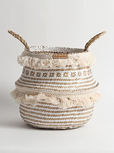 Image of Habere India-All The Cultures Fabricating India Wicker Basket For Plants | Seagrass Baskets Home Decor | Bamboo Storage Organiser | Bamboo Planter Baskets Cylindrical (S) - White (Dia 25 x H22 cm)