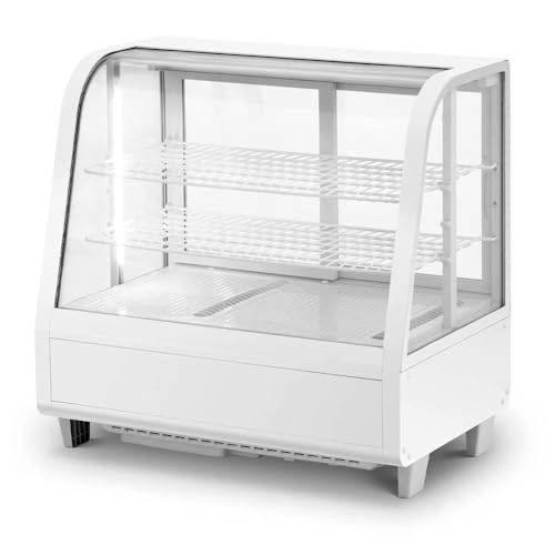 ROMUX® Vitrina Pastelera Expositora Refrigerada 2 Estantes con 2 Puertas Correderas Blanca 100 Litros Ventilada | Vitrina Sobremesa Cristal Curvado