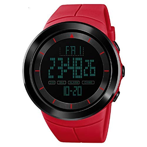 WSX Men Data Multi-Functions Sports Digital Stopwatch with Silicone Band Double Time Countdown (Red)