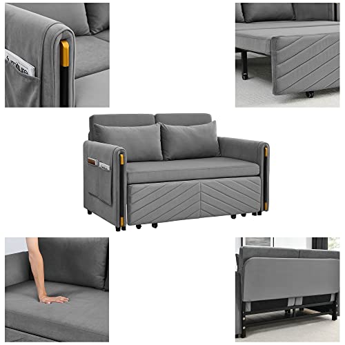 54" Pull Out Couch For Living Room, Convertible Sofa Bed With 2 Detachable Arm Pockets And Velvet Loveseat Multi-Position Adjustable Sofa With Bedhead And 2 Pillows For Bedroom, Movie Room - Grey #TOP4