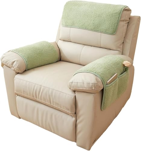 ラムフリースアームレストカバー ヘッドレストカバー、豪華な滑り止めカウチアームチェアプロテクター、こぼれ、汚れからサイドポケット2つ付き、簡単にフィットするソファスリップカバー(Green,2 Seater(4Pcs))