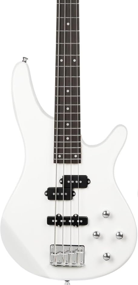 Guitare basse électrique 4 cordes avec housse sangle et médiators Bullstar IB blanc