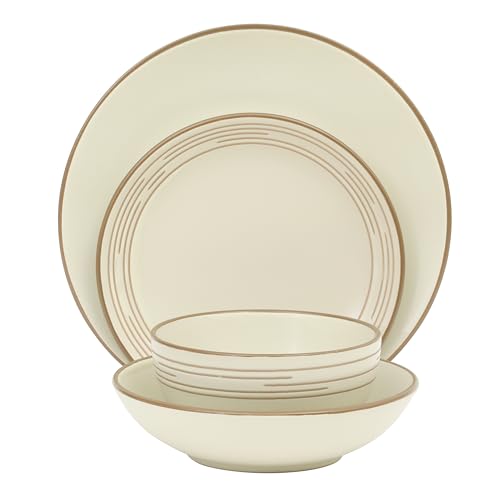 Image of Gibson Home Chiswick House 16-Piece Stoneware Dinnerware Set, Round Plates and Bowls Set for 4, White with Wax Relief Embossed Rim Detail, Dishwasher Safe - Dinner Plate, Salad Plate & Cereal Bowl