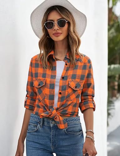 Genhoo Womens Flannel Shirts Roll Up Long Sleeve Plaid Shirt Collared Button Down Gingham Casual Top S-4XL2