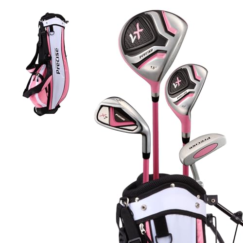 Precise X7 Junior Complete Kids Golf Clubs Set - Boys & Girls Right Handed Kids Golf Set w/ Driver Hybrid Irons Putter Stand Bag & Headcovers - Youth Golfing Clubs Sets for Ages 3-5 - Pink