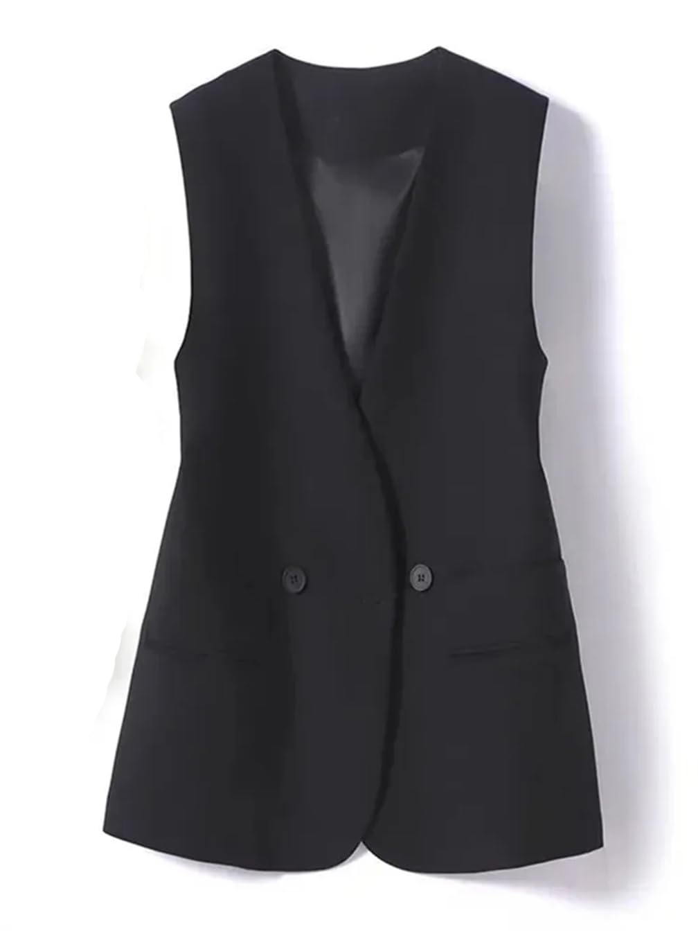 Chaleco largo con cuello en V para mujer, sin mangas, con doble botonadura