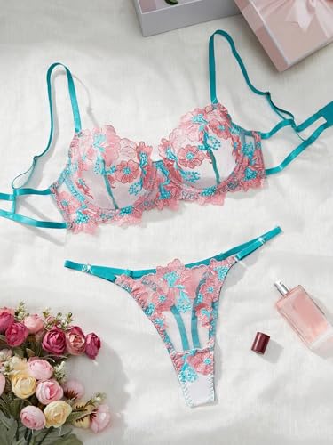 Image of Sexy Floral Embroidered Flower Mesh Underwire Push Up Lingerie Set