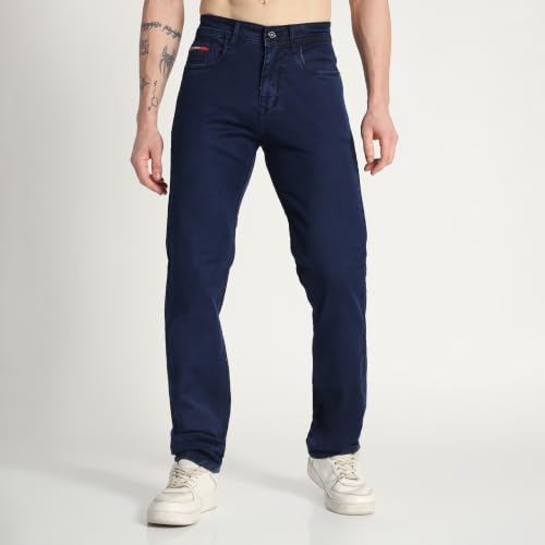 Image of Cotton Comfort Fit Jeans for Men | Full-Length Solid Denim Pants with Button Closure, Embroidered Design, Mid-Rise Casual Trousers for Daily | Classic Jeans for Office Bottoms (DI-249)