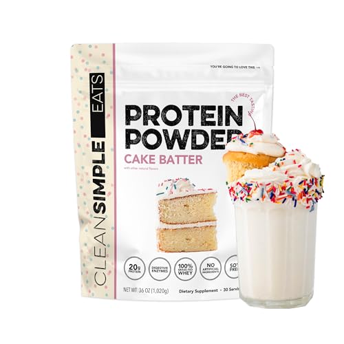 Image of Clean Simple Eats Whey Isolate Protein Powder, Cake Batter, Naturally Sweetened, Zero Added Sugar, 20g 100% Grass Fed Protein Powder with Digestive Enzymes, Gluten Free, Non GMO, 30 Servings