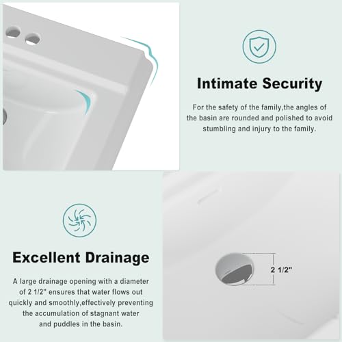 Bathroom Pedestal Sinks, Ceramic Pedestal Sink 26 x 22 Inch with 3 Faucet Holes (4 Inch Centerset), Rectangular Basin for Modern Family Bathrooms, Space-Saving Vanity Alternative
