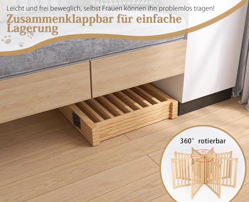 Pshelfy Hundeabsperrgitter aus Holz 5 Paneelen 58cm Höhe - Freistehend & Faltbar, 360° Drehbar für Tür, Treppe, Flur als Welpen-Gitter & Kinderschutzgitter (BxH: 292 cm x 58 cm, Naturholz)