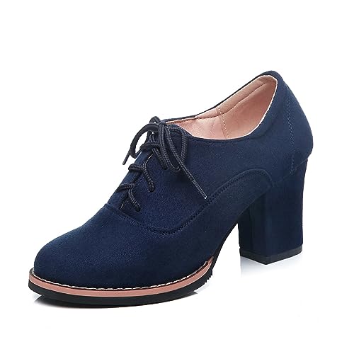 UMore Otoño Mujer Tacones Altos Vintage Gamuza con Cordones Zapatos de Negocios Elegantes Bombas de Punta Redonda Color sólido Oficina Carrera Zapatos Oxford