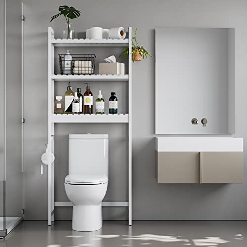 Bamjoy Over The Toilet Storage Shelf, Bamboo 3 Tier Bathroom Space Saver Organizer, Multipurpose Toilet Storage Rack With 6 Hooks Bathroom Kitchen Balcony Entryway, Easy To Assemble, 64”H White #TOP1