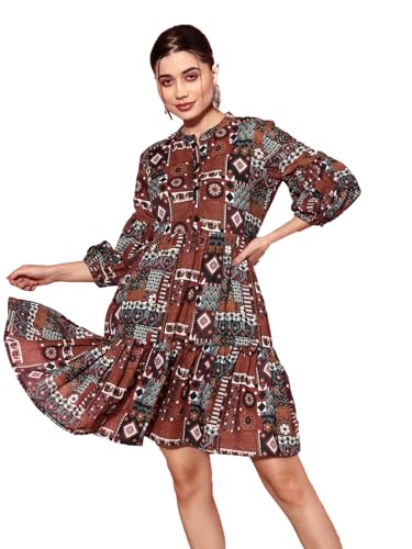 Image of YUFTA Rust Digital Print Fit and Flare Tiered Dress (1163DRSRT )