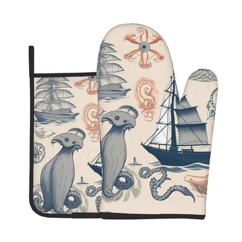 Lighthouse Sailboat Fish Shells Octopus Oven Mitts and Pot