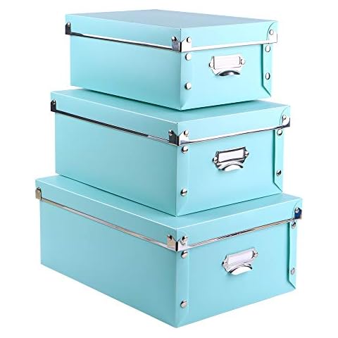 Eagle Decorative Storage Box with Lid, Plastic, 3 in 1 Set, with Handles, Labels and Label Holders, Press-Stud Fastening, Fold-able for Space Saving Storage(Mint) Cover