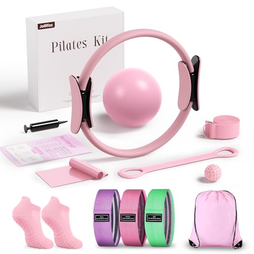 Pilates kit for Home, 12 Inch Pilates Ring and Ball Set，Pilates Equipment with 3 Fabric Resistance Bands, Massage Ball, Pilates Starter Kit for Strength, Toning, Including Workout Guide(Pink) by Jollifizz - Used condition - US$17.89