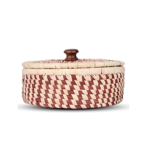 Image of Handmade Sabai Grass Box for Roti /chapati /Dry Fruits |Organiser, Storage Box | Container for Serving on Dining Table| Kitchen Decor Cum Utility| Size : 21L x 21W x 8H CM (RED)