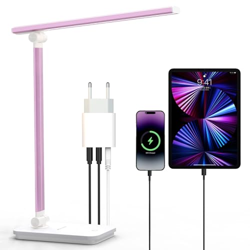 Chesbung Led Dimmable Desk Lamp with 5 Color and 10 Brightness Levels, Touch Control, Foldable, with USB Charging Port and Eye Protection (TD-Pink)