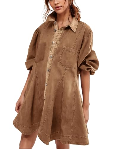 Gozoloma Women's Denim Dress Long Balloon Sleeves Button Down A Line Swing Ruffle Jean Mini Babydoll Dress with Chest Pocket