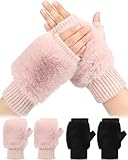 SATINIOR 2 Pairs Women Wool Knit Fingerless Gloves Furry Mittens Wrist Warmers Fur Mittens Valentines'day Gift for Women(Black,Pink)