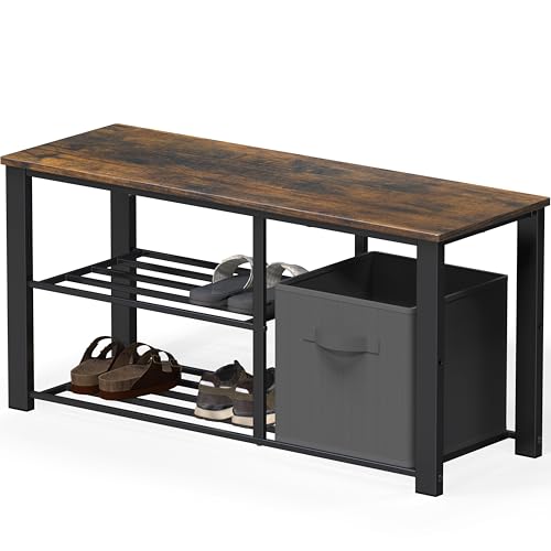 Image of Simple Houseware 2 Tier Shoes Bench with Wood Top and Storage Bins, Rustic Brown