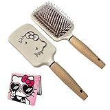 Cute Cartoon Hair Brush with small mirror for Women & Girls, Wooden Handle Friendly Massage Scalp Brush for Thick Curly Thin Long Short Wet & Dry Hair