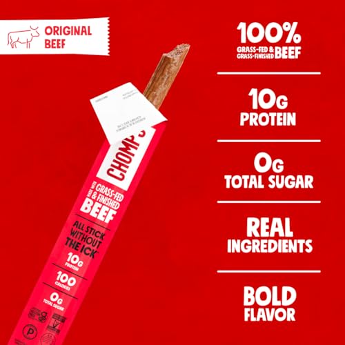 Chomps Grass-Fed and Finished Original Beef Jerky Snack Sticks 10-Pack – Keto, Paleo, Whole30, 10g Lean Meat Protein, Gluten-Free, Zero Sugar Food, Non-GMO