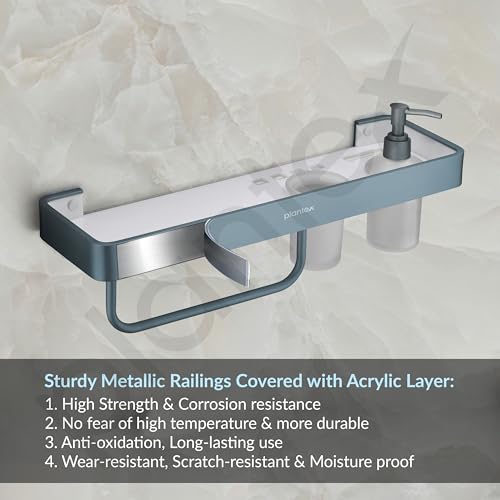 Image of Plantex 4in1 Shelf for Bathroom /Aluminium and Acrylic Shelf with Tumbler Holder, Liquid Soap Dispenser and Napkin Space /Bathroom Organizer with Drill-Pack of 1(Grey and Milky White)